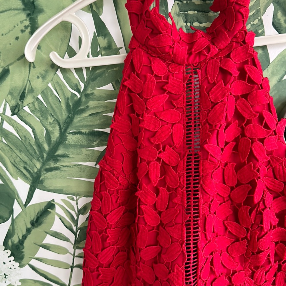 Red eyelet halter dress